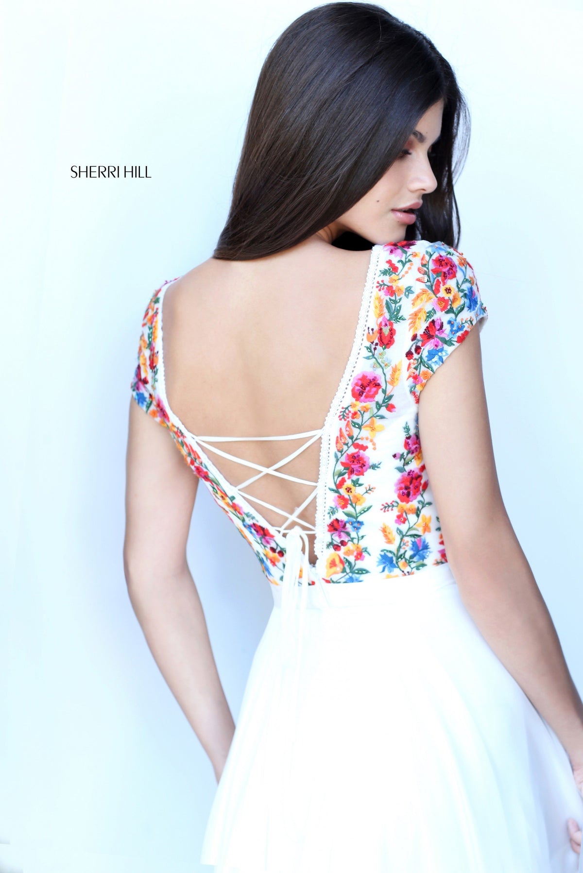 Sherri Hill 51112 bohemian inspired chiffon gown in ivory/multi