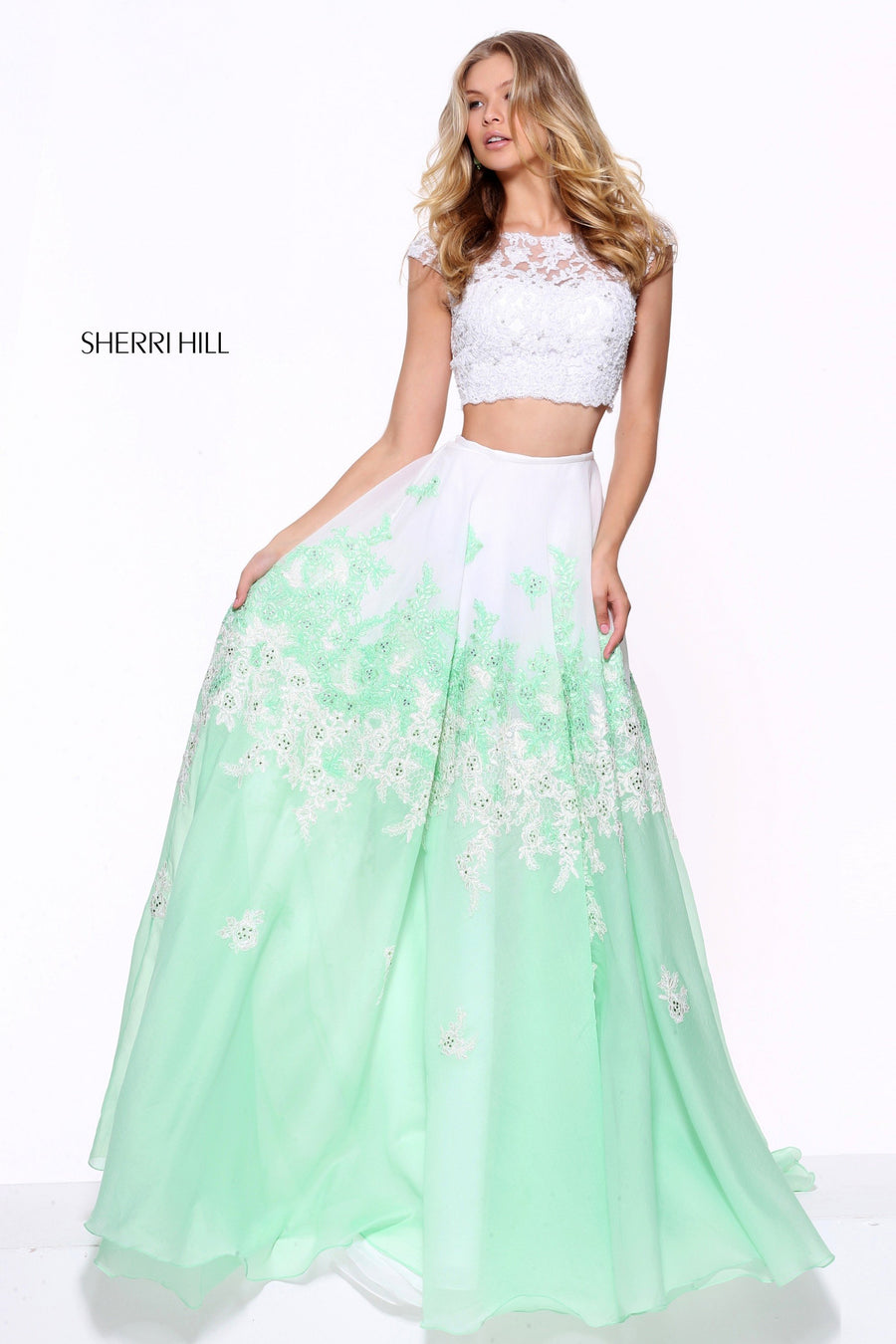 Sherri Hill style 51122 in ivory/green, Lace Bodice with Lace Embroidered Skirt