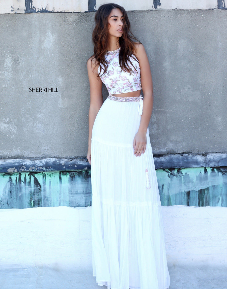Sherri Hill style 51151 in white/coral, Inspired Two-Piece Tiered Linen Skirt