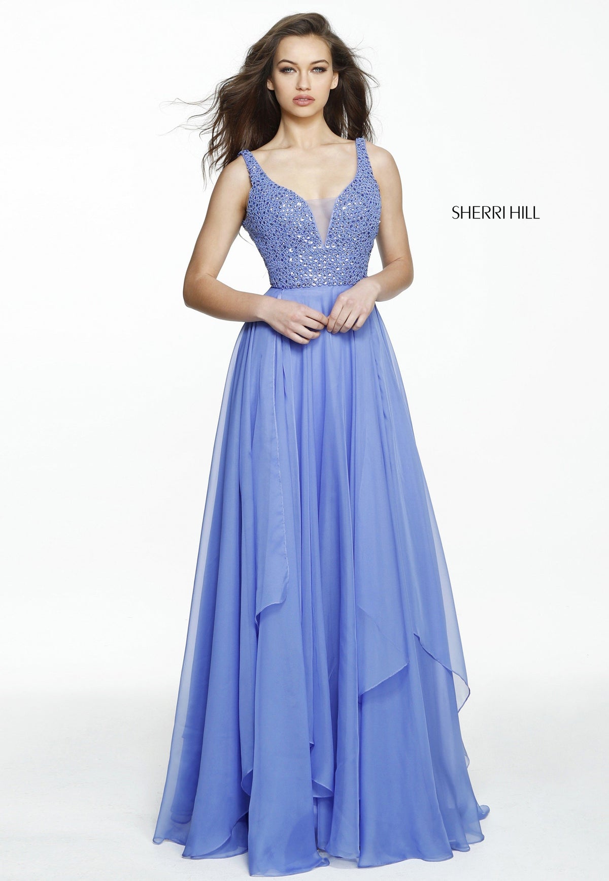 Sherri Hill 50801 beaded bodice with layered chiffon skirt in periwinkle