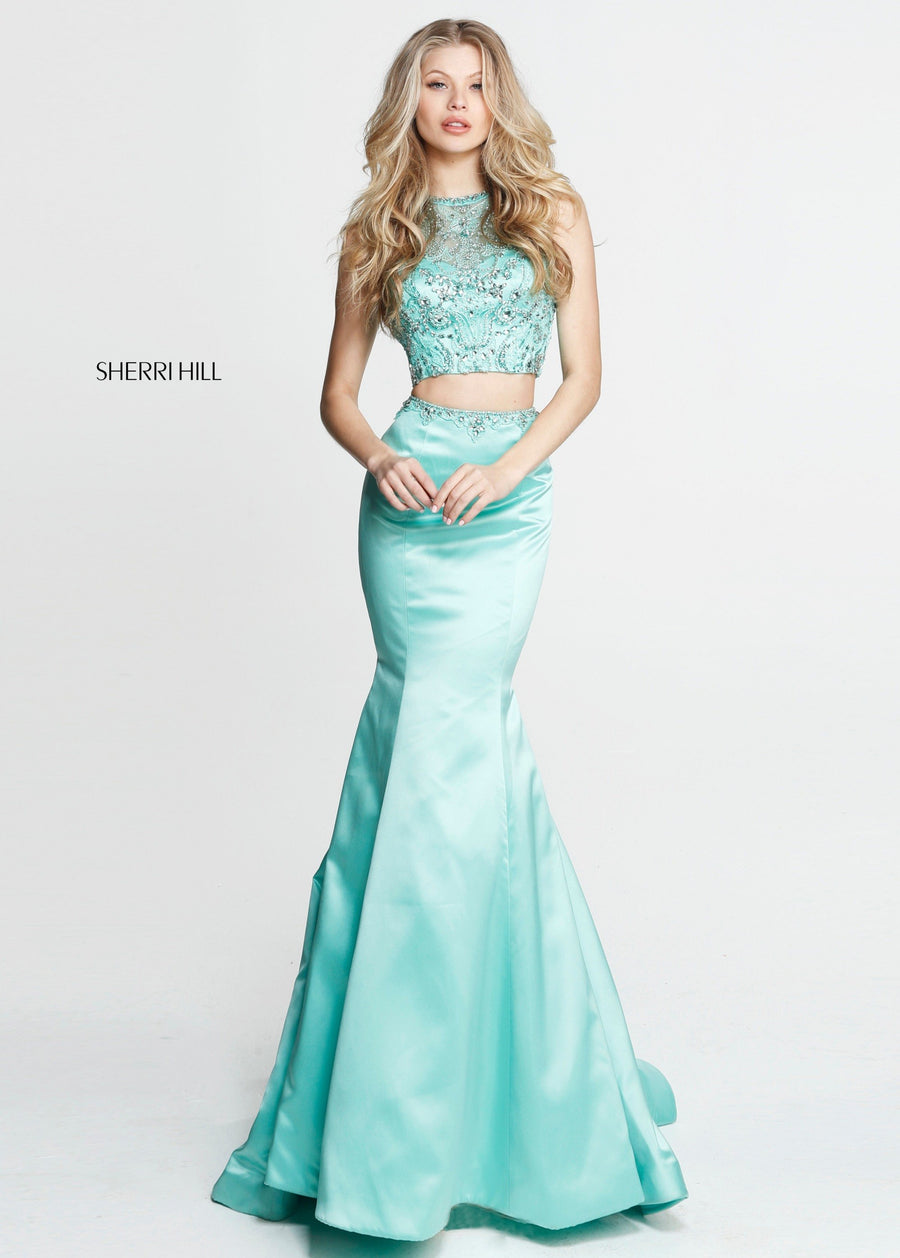 Sherri Hill style 50810 in light green, Beaded Bodice with Satin Mermaid Skirt