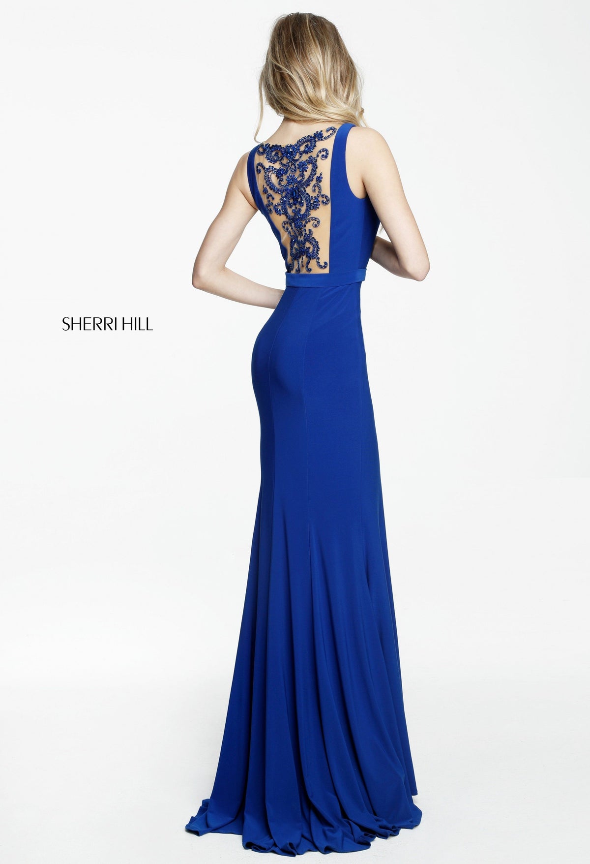 Sherri Hill 51096 fitted jersey gown with sheer beaded back
