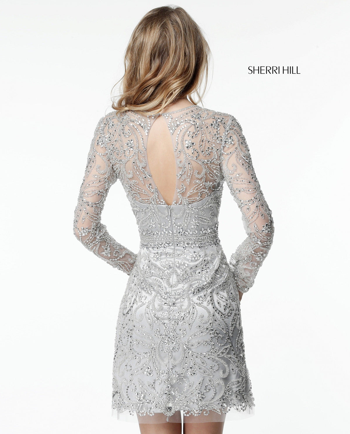 Sherri Hill 51288 long sleeve bead appliqued cocktail gown