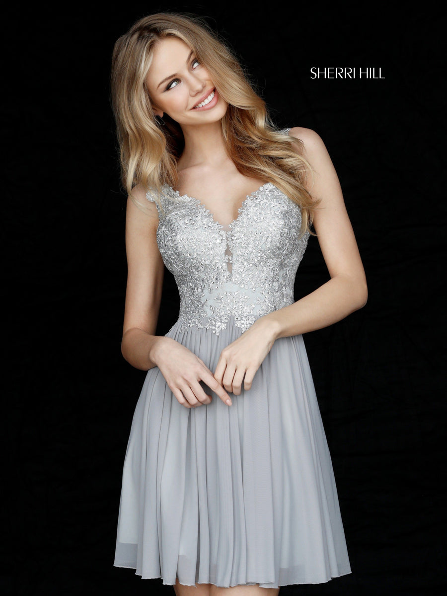 Sherri Hill style 51312 in silver, Metallic Lace Bodice with Chiffon Skirt