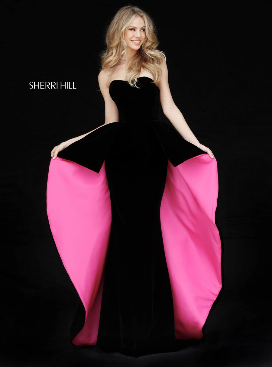 Sherri Hill style 51418 in black/fuchsia, Fitted Velvet Gown with Overskirt