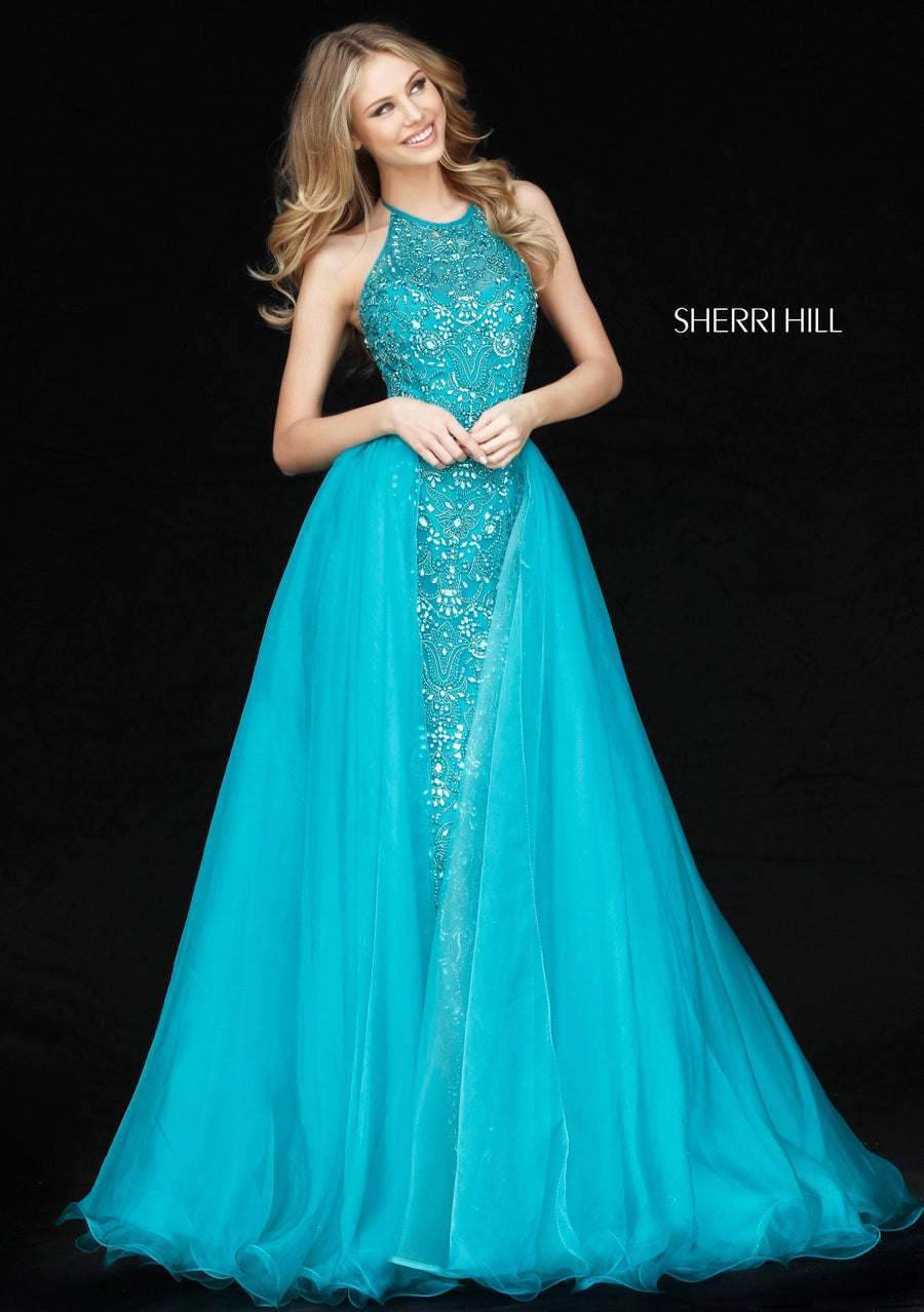 Sherri Hill style 51376 in navy, Fitted Beaded Gown with Halter Bodice