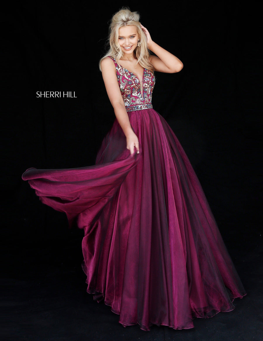 Sherri Hill style 51391 in navy/multi, Deep V Bodice with Organza A-Line Skirt
