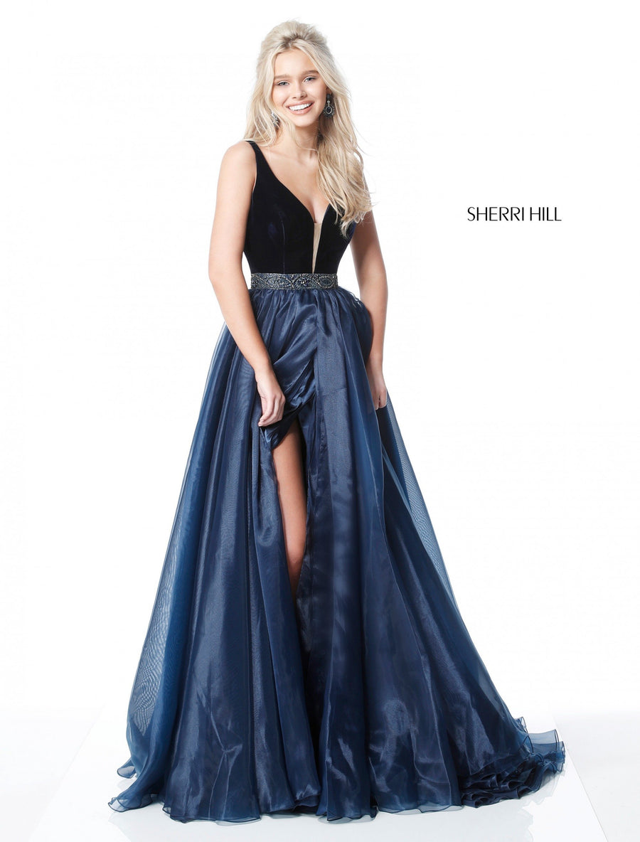 Sherri Hill style 51409 in navy, Velvet Bodice with Organza A-Line Skirt