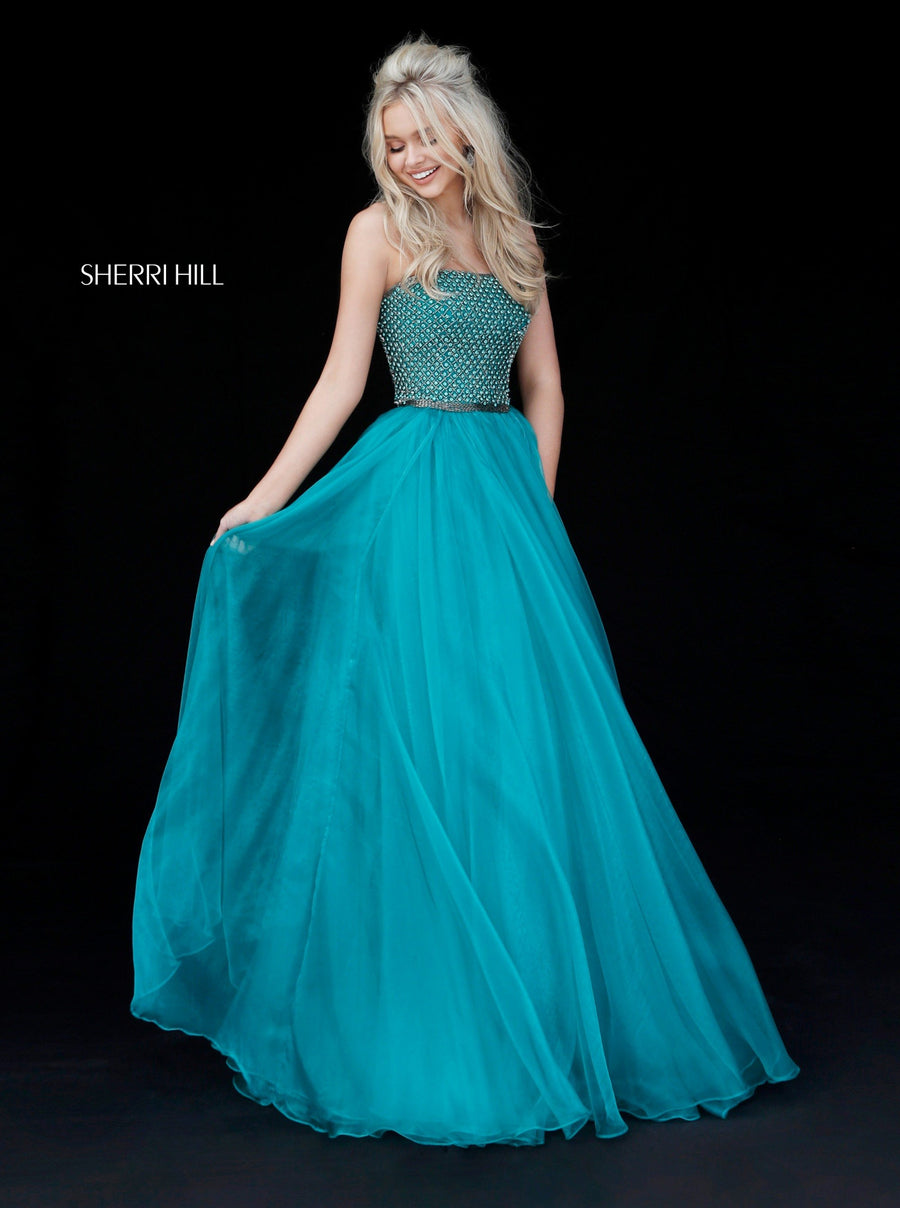 Sherri Hill style 51438 in navy, Beaded Bodice with Organza A-Line Skirt