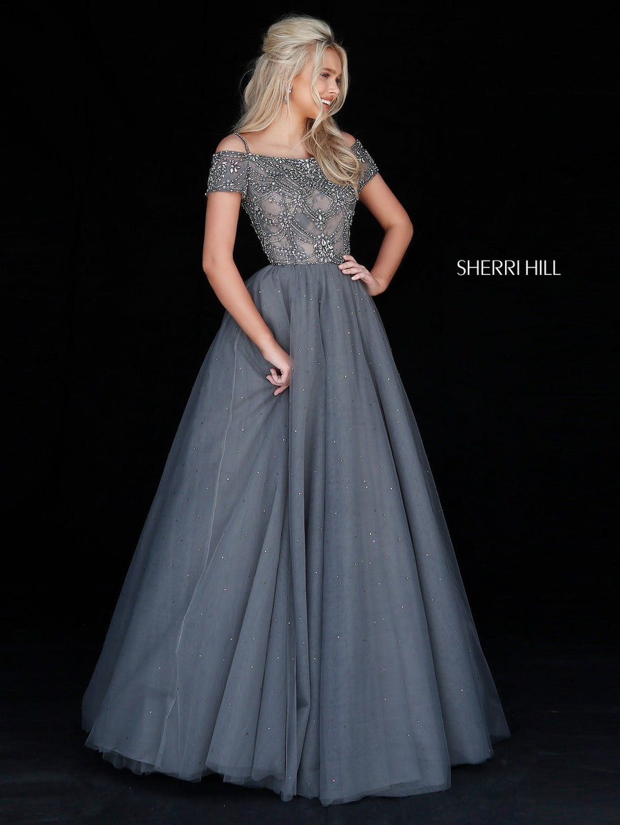 Sherri Hill style 51450 in gunmetal, Bead Appliqued Bodice with Tulle Ball Gown