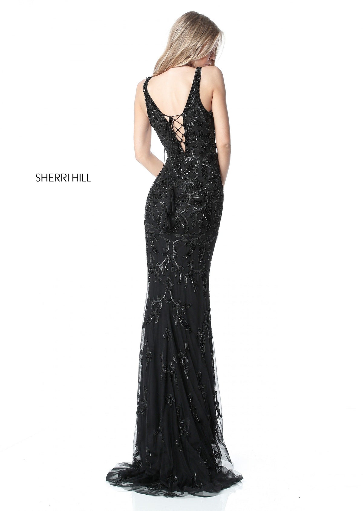 Sherri Hill 51473 beaded gown with deep v bodice in black