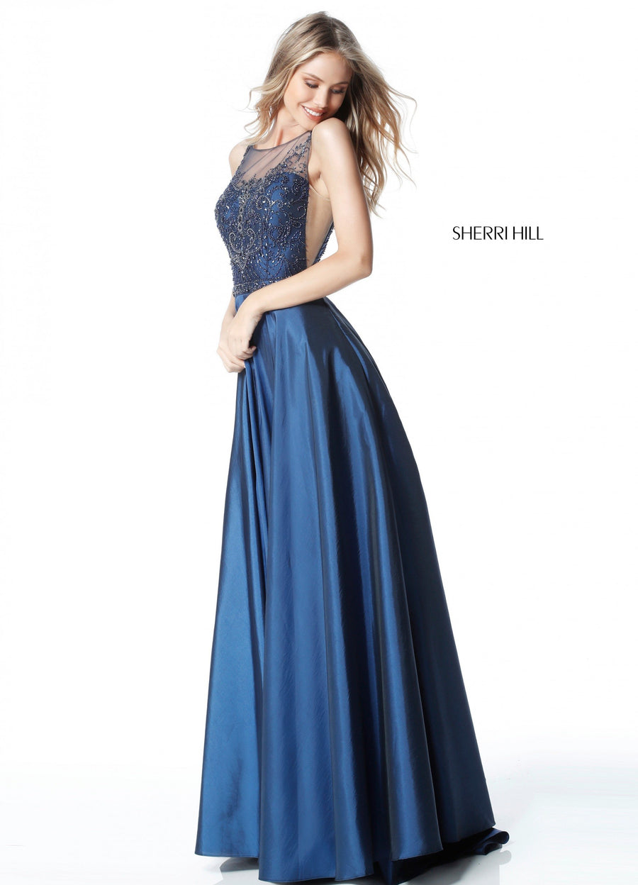 Sherri Hill style 51478 in navy, Beaded Bodice with Taffeta A-Line Skirt