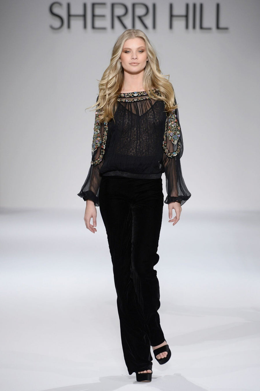 Sherri Hill style 51351 in black, Jumper Sheer Top with Long Embroidered