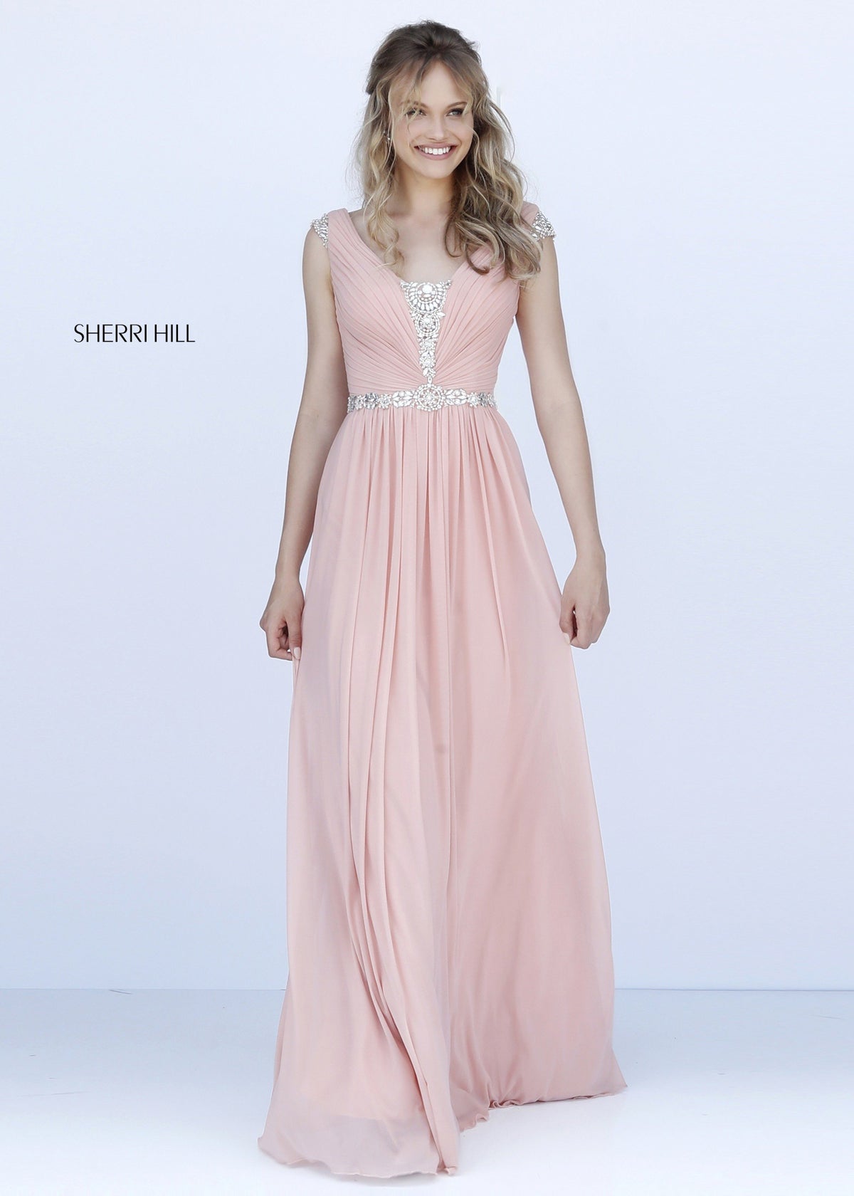 Sherri Hill 51550 chiffon gown with beaded V-neck in blush
