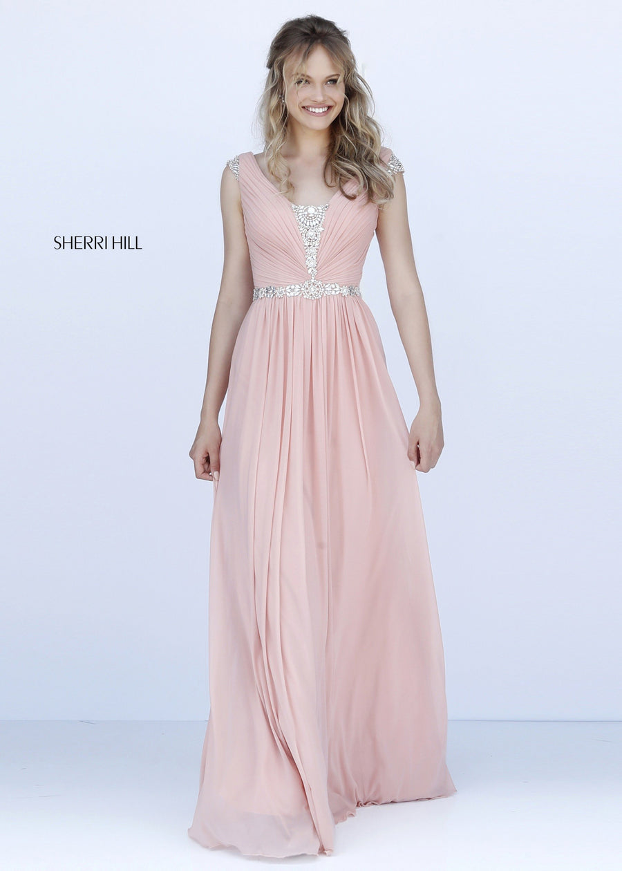 Sherri Hill style 51550 in ivory, Chiffon Gown with Beaded V Neck