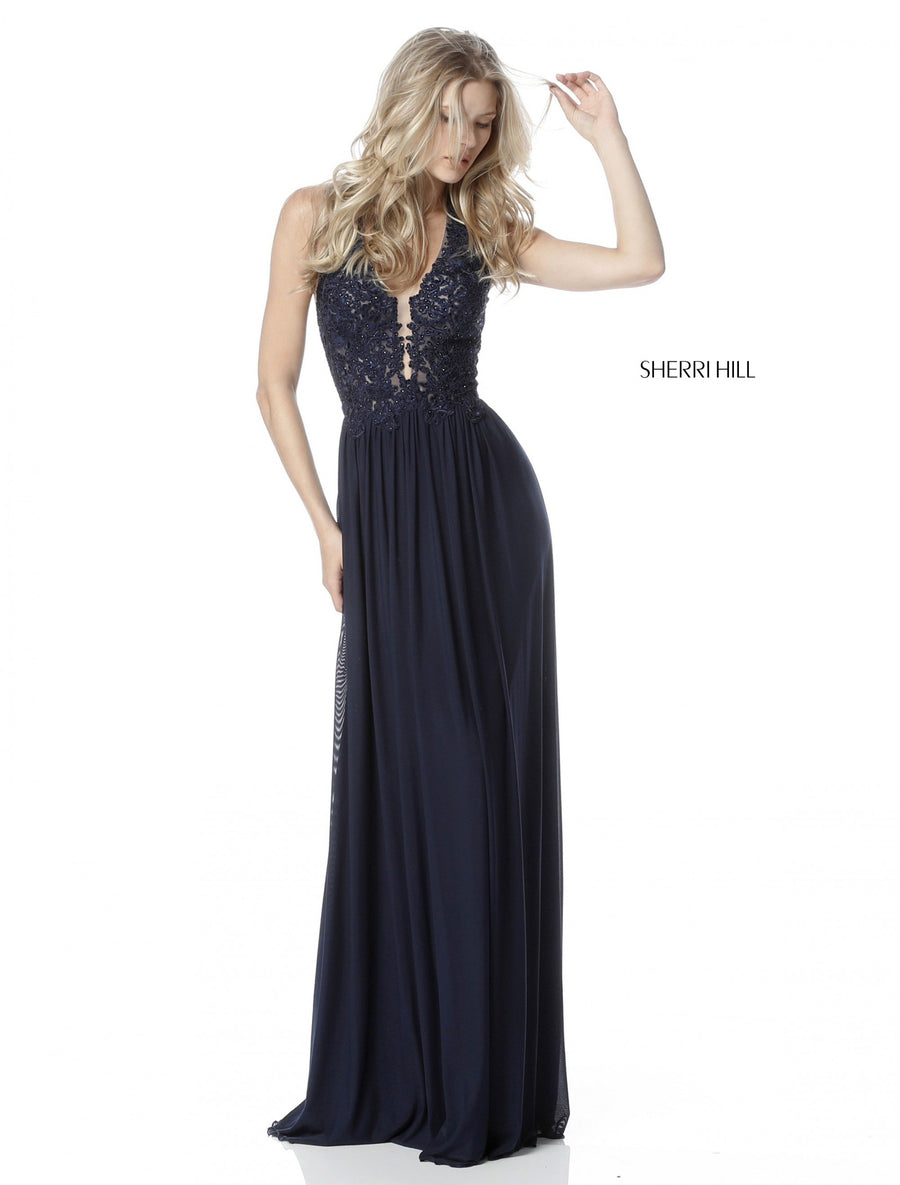 Sherri Hill style 51553 in navy, Appliqued Halter Bodice with Chiffon Skirt