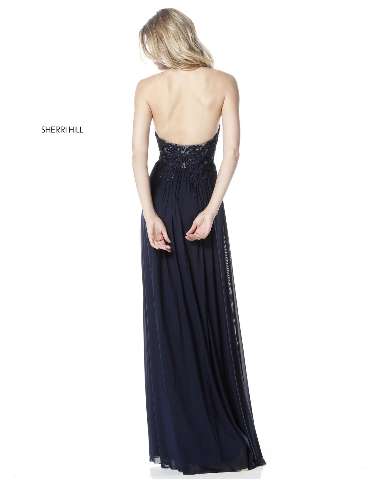 Sherri Hill 51553 appliqued halter bodice with chiffon skirt