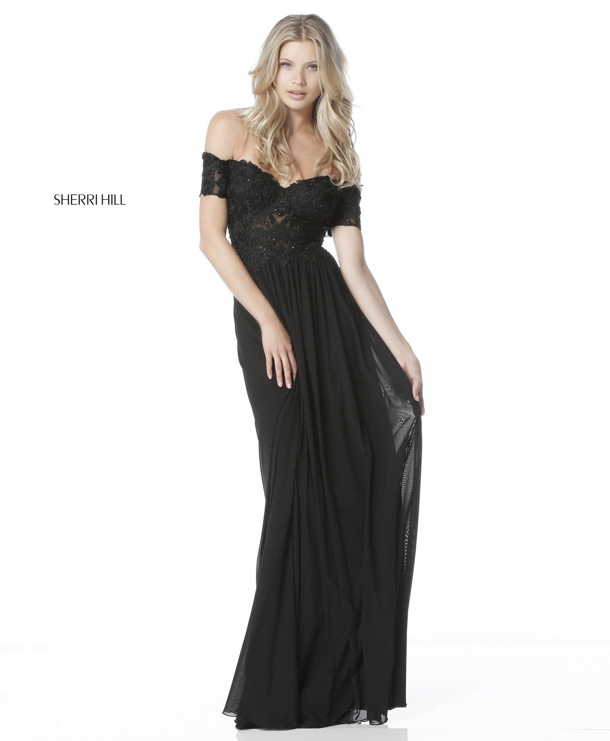 Sherri Hill 51556 lace appliqued bodice with chiffon skirt in black
