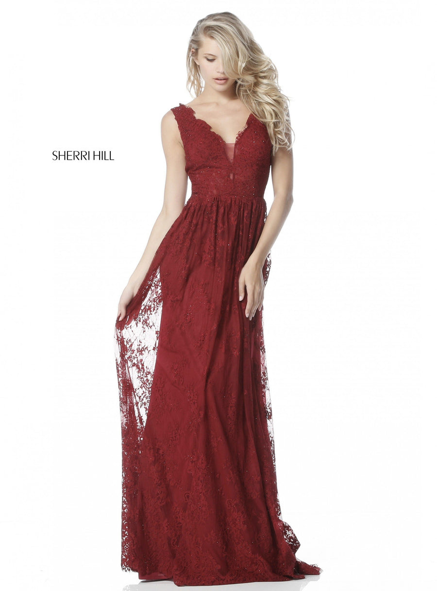 Sherri Hill style 51562 in burgundy, Lace Appliqued Gown with V Neck Bodice