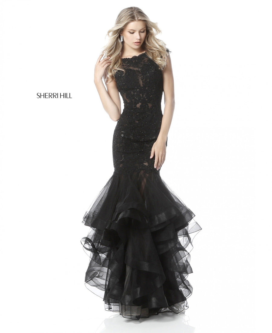 Sherri Hill style 51564 in black, Fitted Lace Appliqued Gown