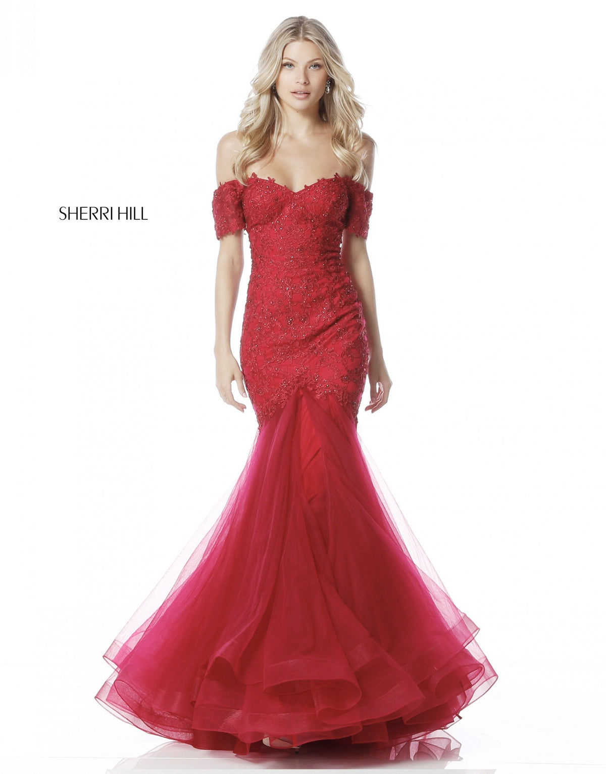 Sherri Hill 51565 lace appliqued gown with off-the- shoulder in wine