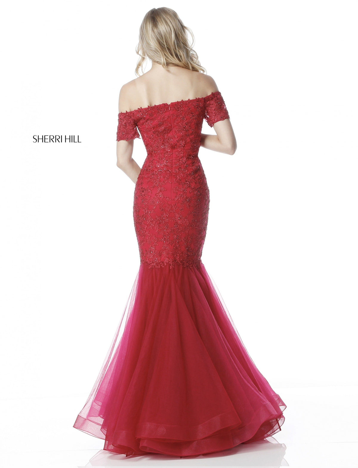 Sherri Hill 51565 lace appliqued gown with off-the- shoulder