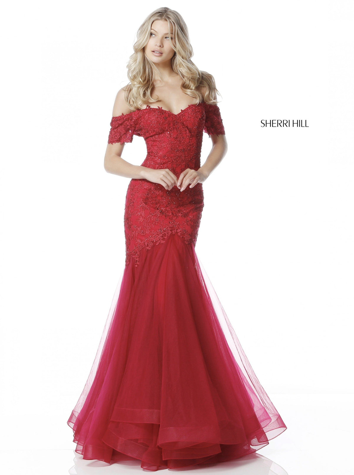 Sherri Hill 51565 lace appliqued gown with off-the- shoulder