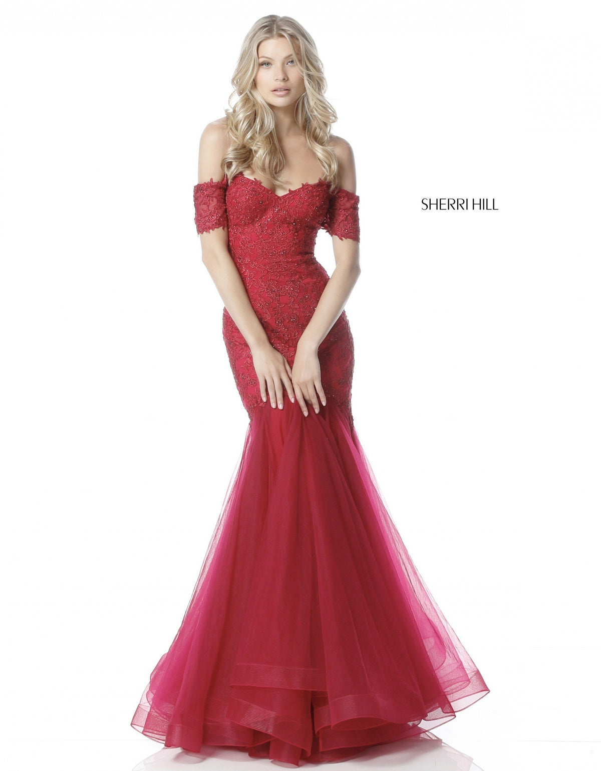 Sherri Hill 51565 lace appliqued gown with off-the- shoulder