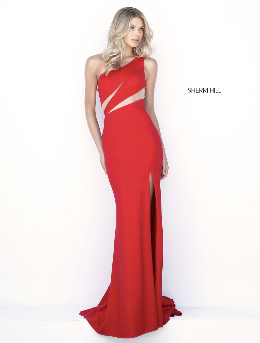 Sherri Hill style 51570 in red, One Shoulder Scuba Gown