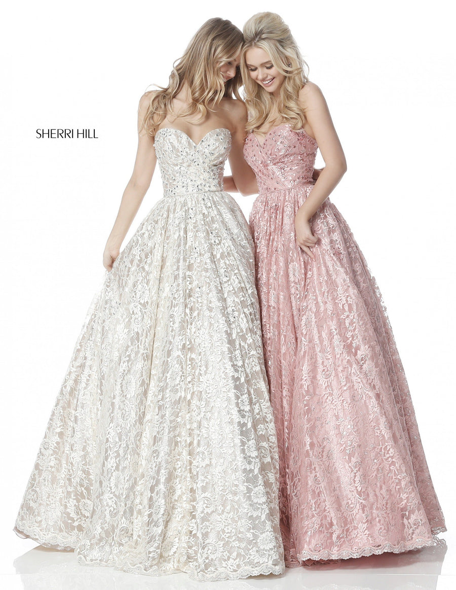 Sherri Hill style 51574 in red, Lace and Bead Appliqued Ball Gown