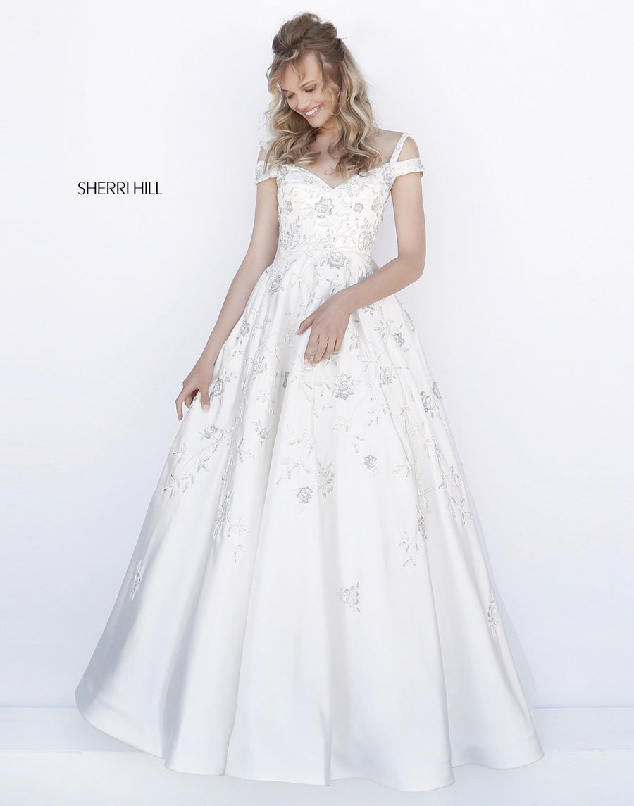 Sherri Hill style 51580 in white/silver, Satin Ball Gown with Flower Appliques