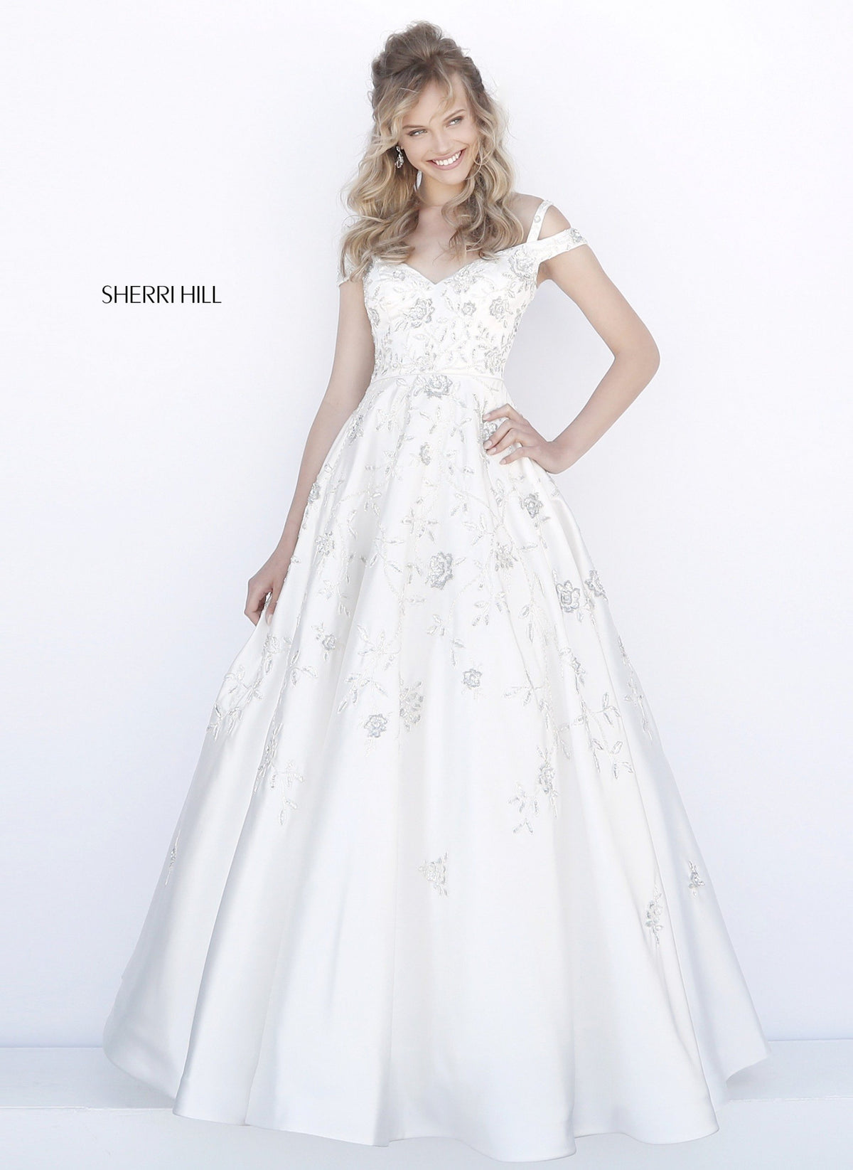Sherri Hill 51580 satin ball gown with flower appliques in white/silver