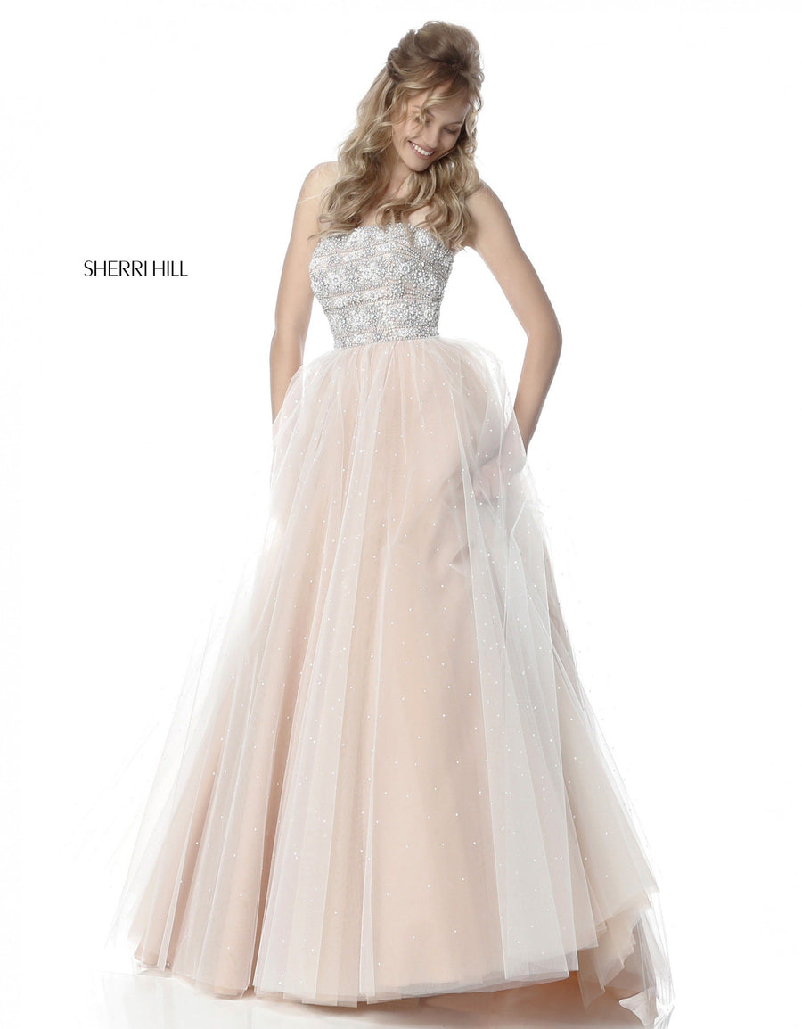 Sherri Hill style 51592 in red, Beaded Bodice with Tulle Ball Gown