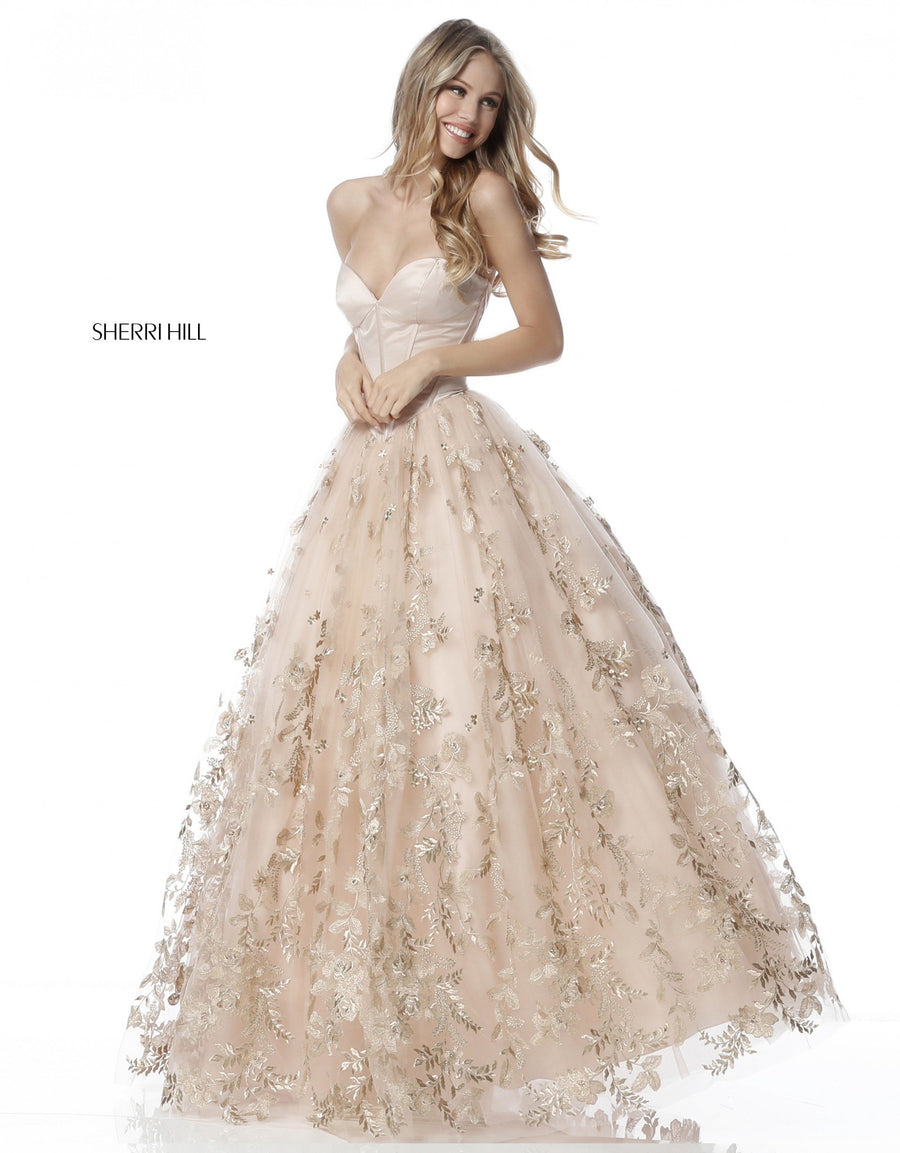 Sherri Hill style 51595 in nude/gold, Corset Bodice with Tulle Ball Gown