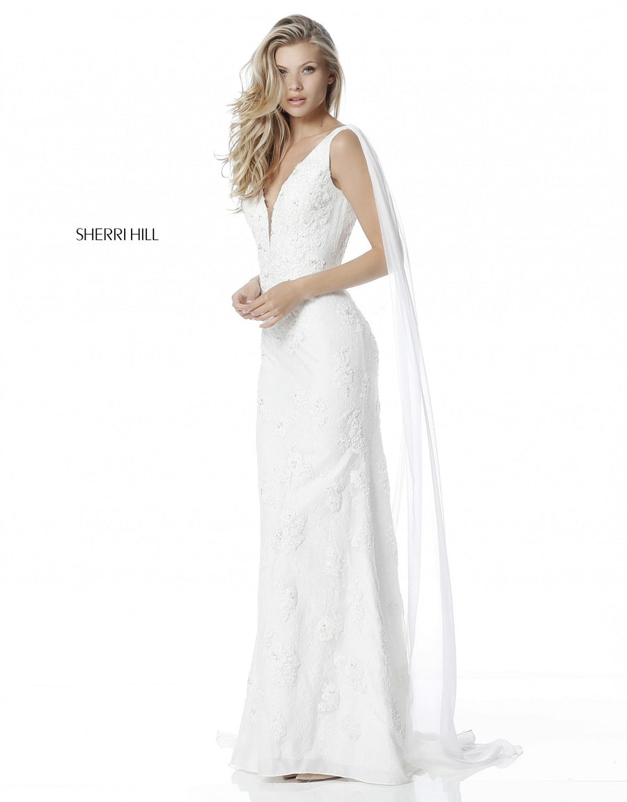 Sherri Hill style 51599 in ivory, Beaded Fitted Gown with Deep V