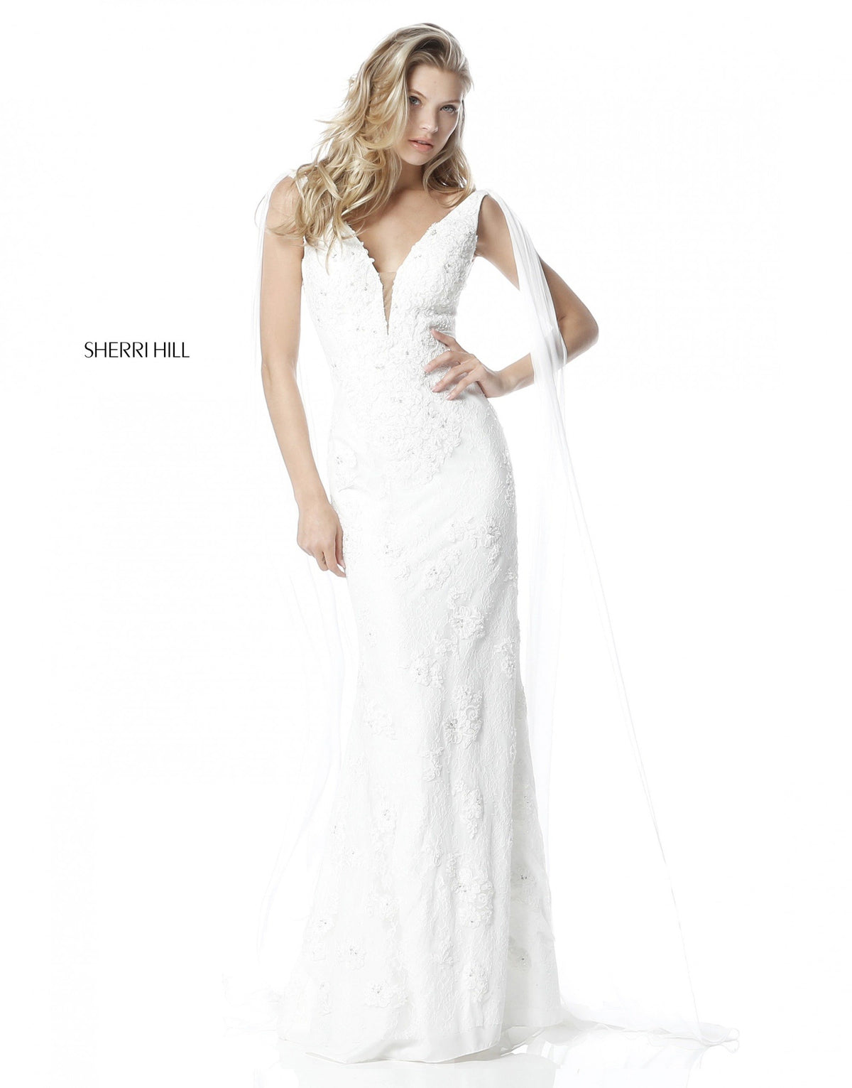 Sherri Hill 51599 beaded fitted gown with deep v in ivory
