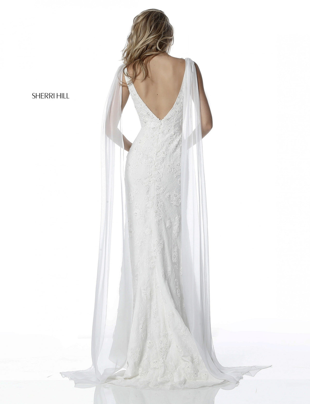 Sherri Hill 51599 beaded fitted gown with deep v in ivory