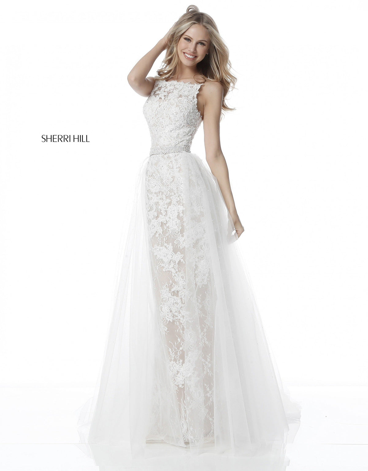 Sherri Hill 51602 lace appliqued fitted gown in ivory/nude