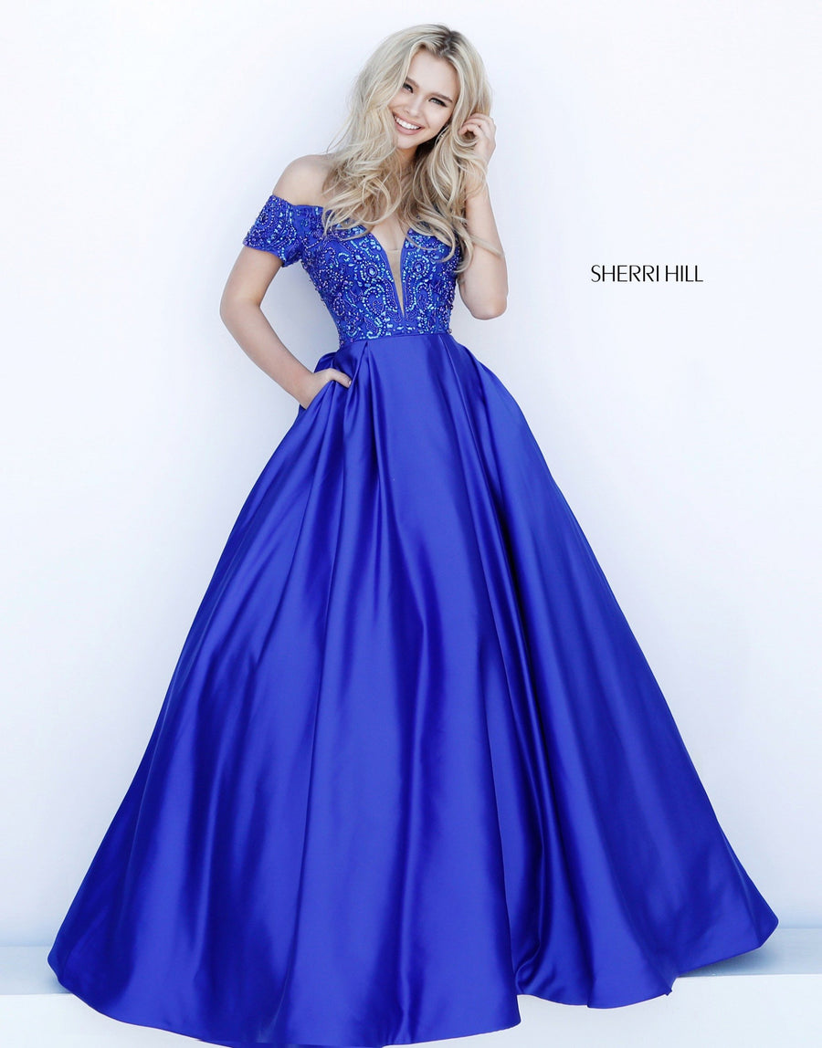 Sherri Hill style 51611 in royal, Deep V Beaded Bodice with Satin Ball Gown