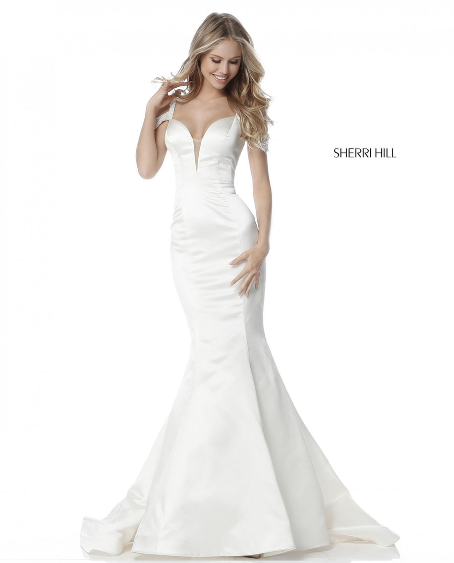 Sherri Hill style 51669 in ivory, Satin Mermaid Gown with Sweetheart Bodice