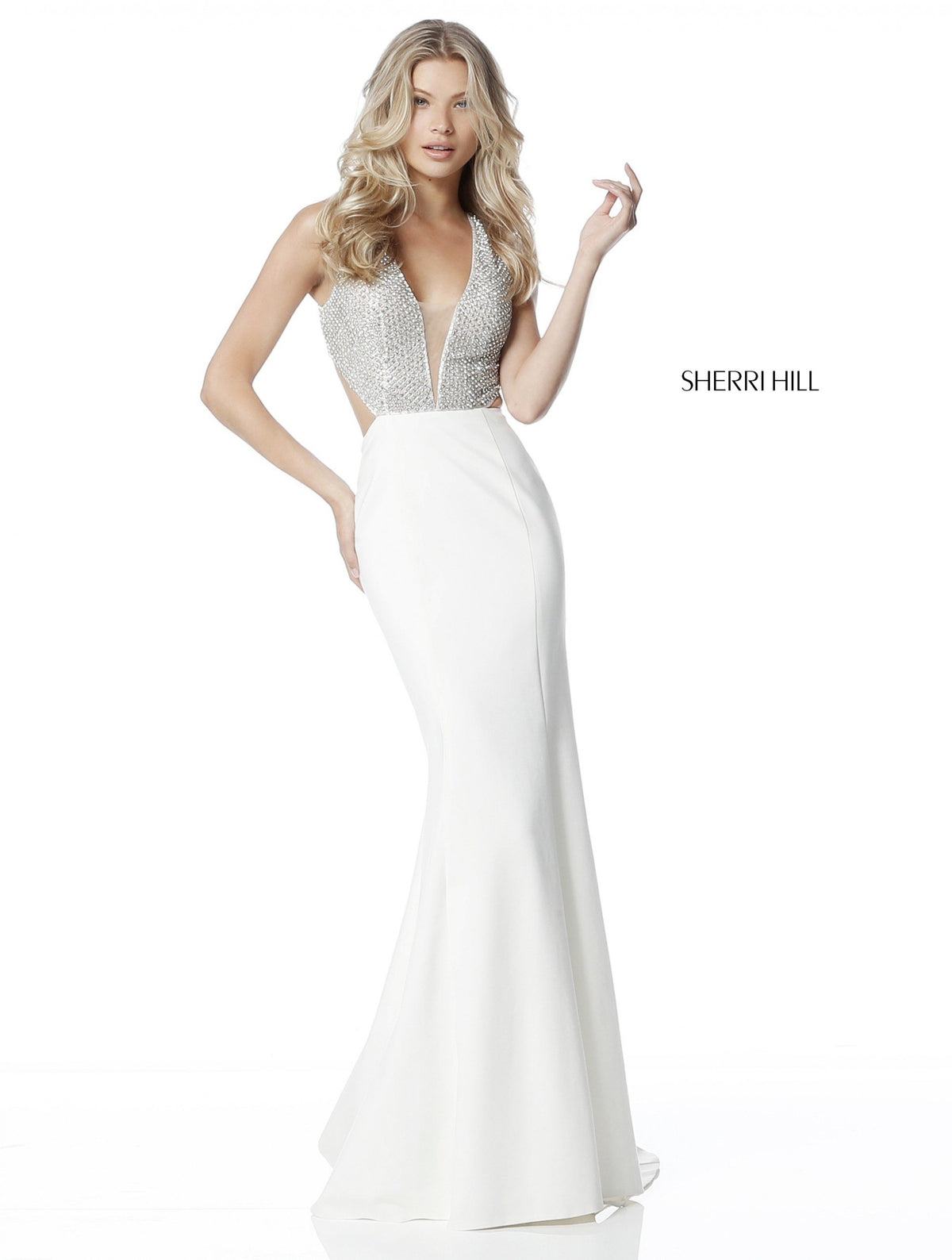 Sherri Hill 51699 v beaded bodice with jersey mermaid skirt in ivory