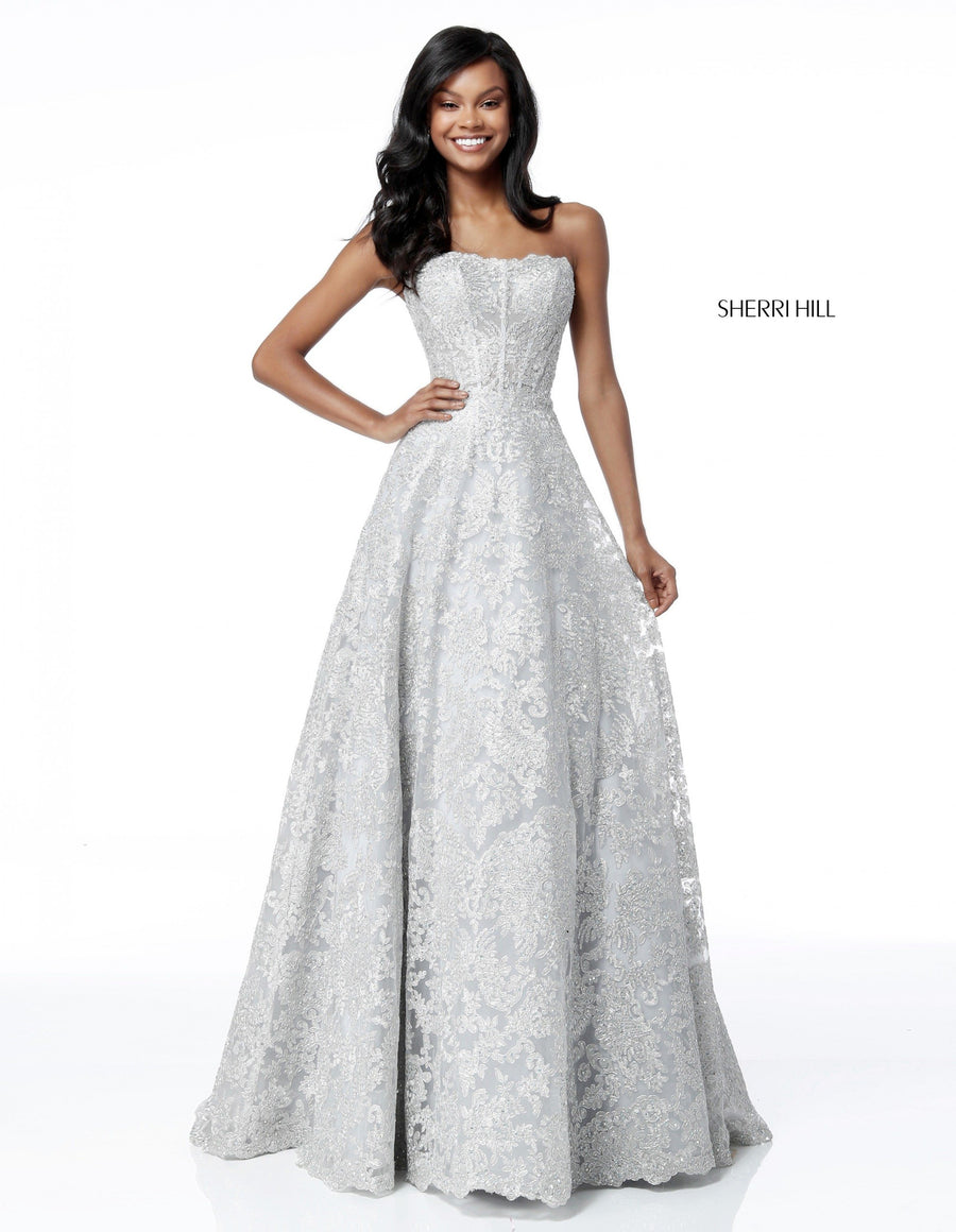 Sherri Hill style 51572 in gold, Strapless Metallic Lace Gown