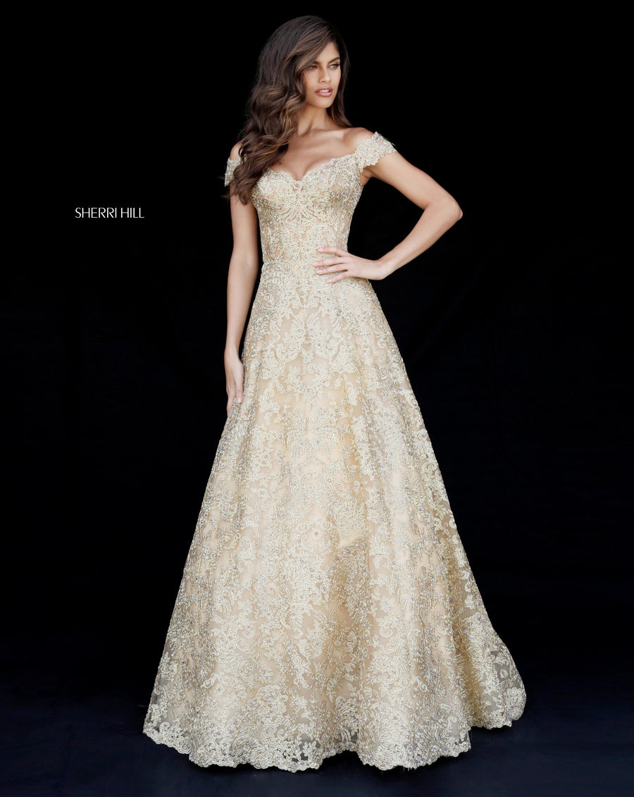 Sherri Hill style 51573 in gold, Metallic Lace A-Line Gown