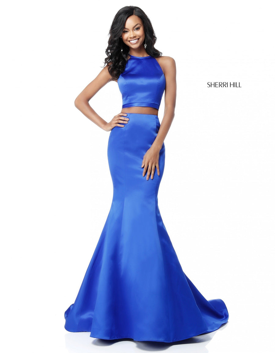 Sherri Hill style 51585 in emerald, Satin Two Piece Mermaid Gown