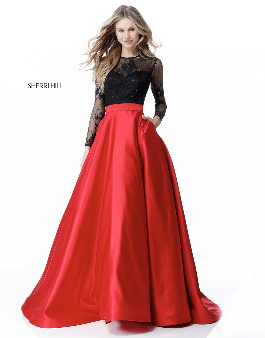 Sherri Hill style 51586 in black/red, Sleeve Lace Bodice with Satin Ball Gown