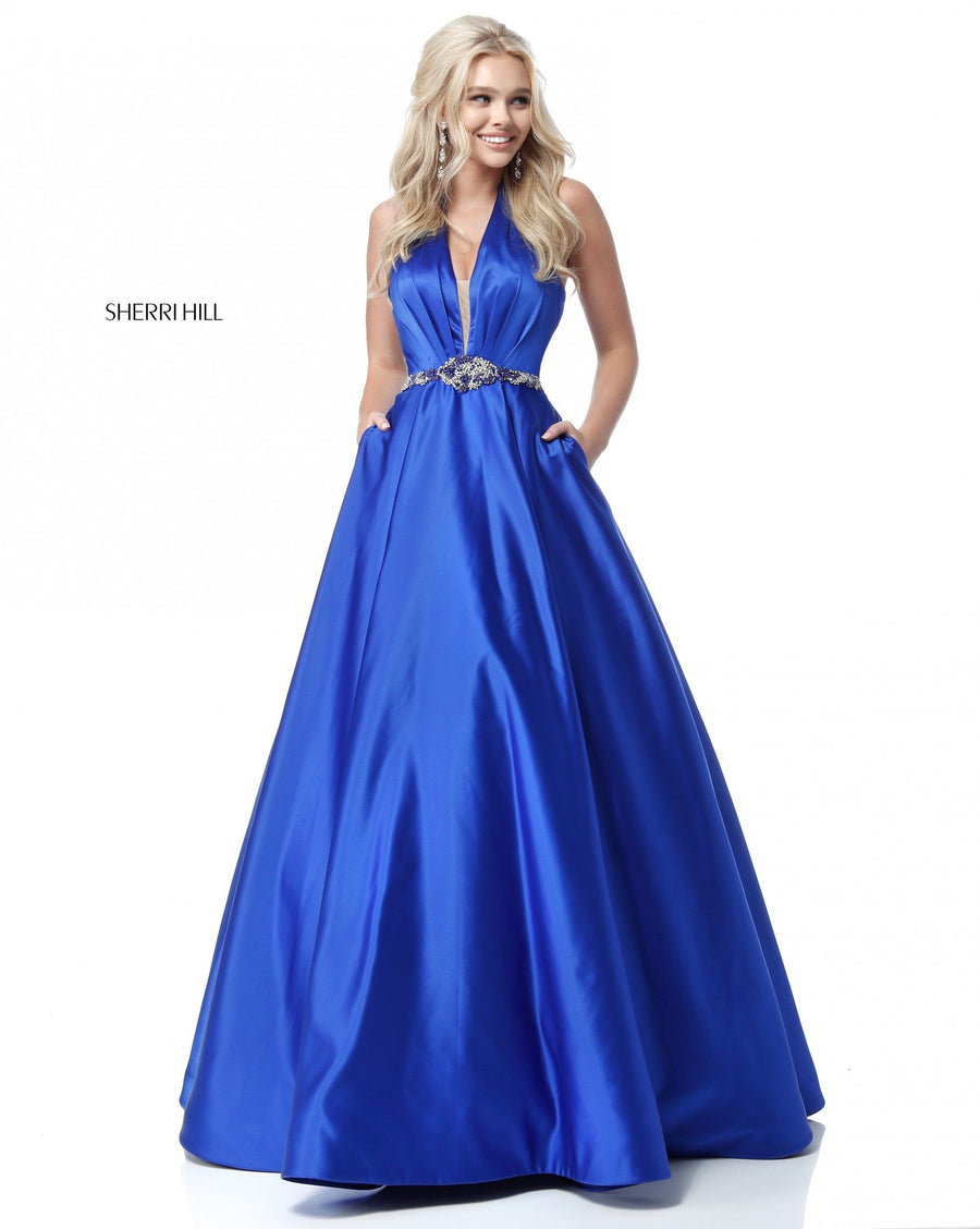 Sherri Hill style 51588 in emerald, Deep V Halter Bodice Ball Gown