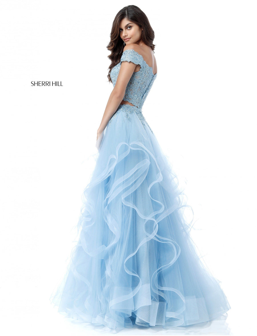 Sherri Hill style 51617 in light blue, Lace Off-the-Shoulder Crop Top