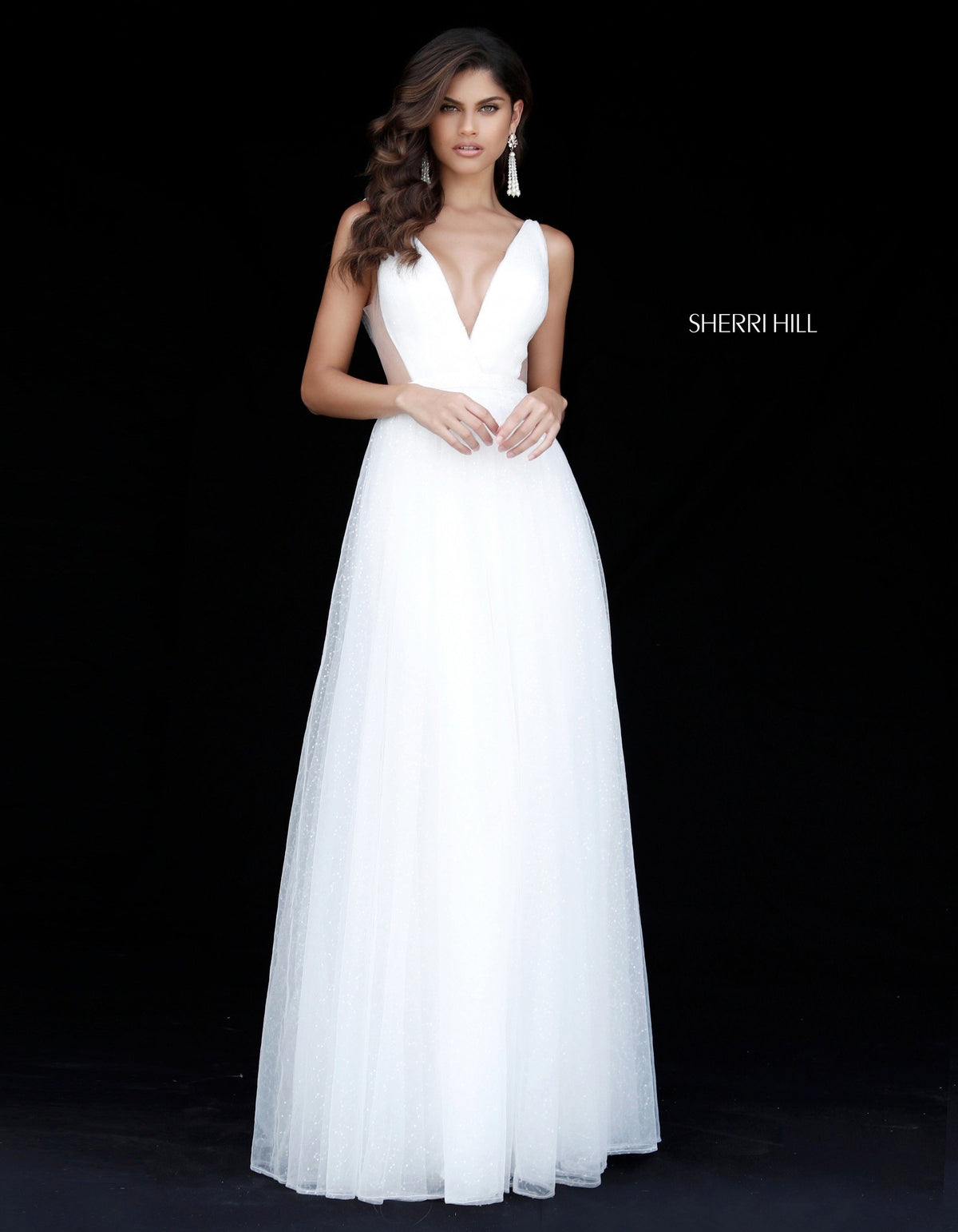 Sherri Hill 51620 tulle ball gown with deep v in ivory