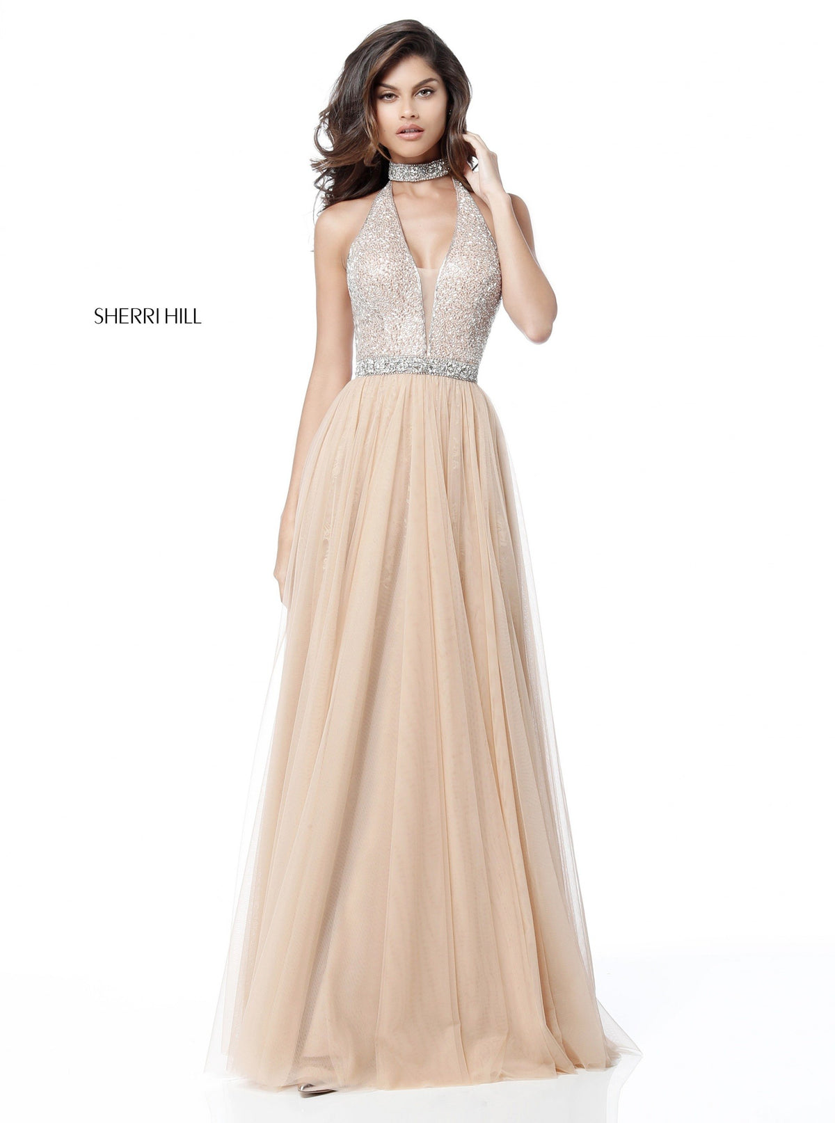 Sherri Hill 51637 deep v sequin bodice with chiffon skirt in nude