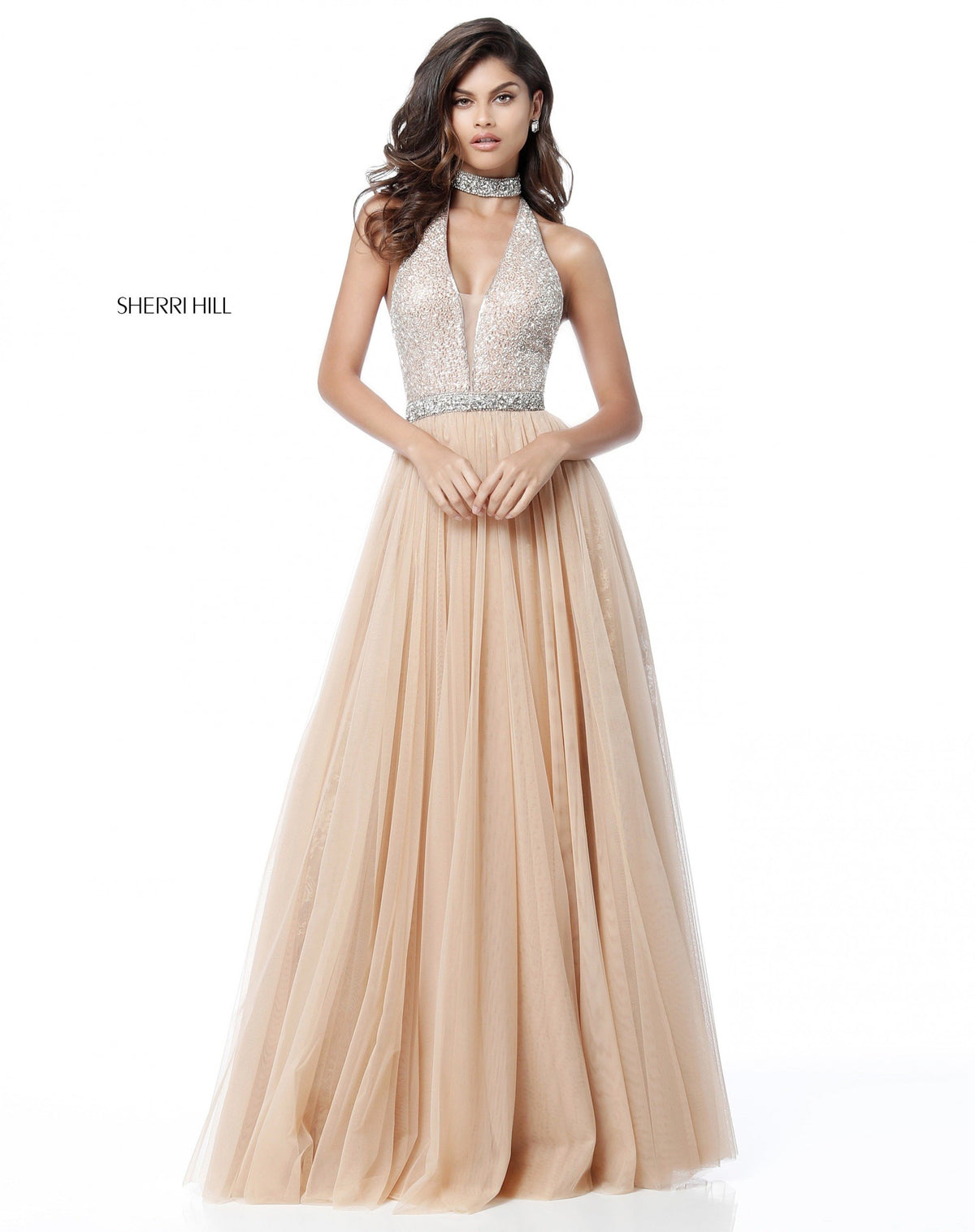 Sherri Hill 51637 deep v sequin bodice with chiffon skirt
